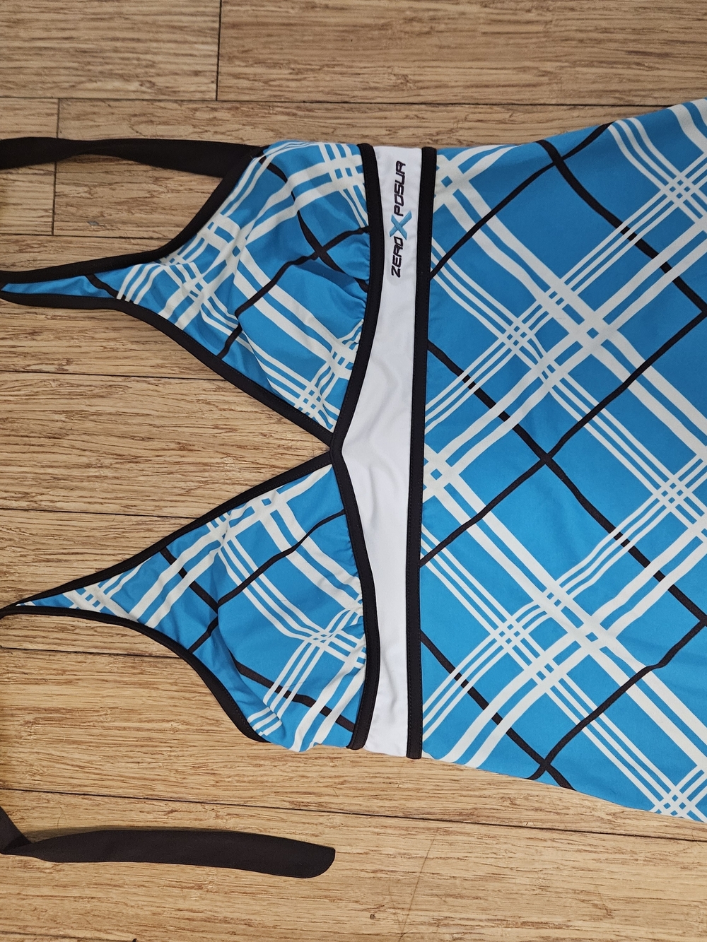 ZeroXposur Blue White Plaid One-Piece Swimsuit with Black Trim